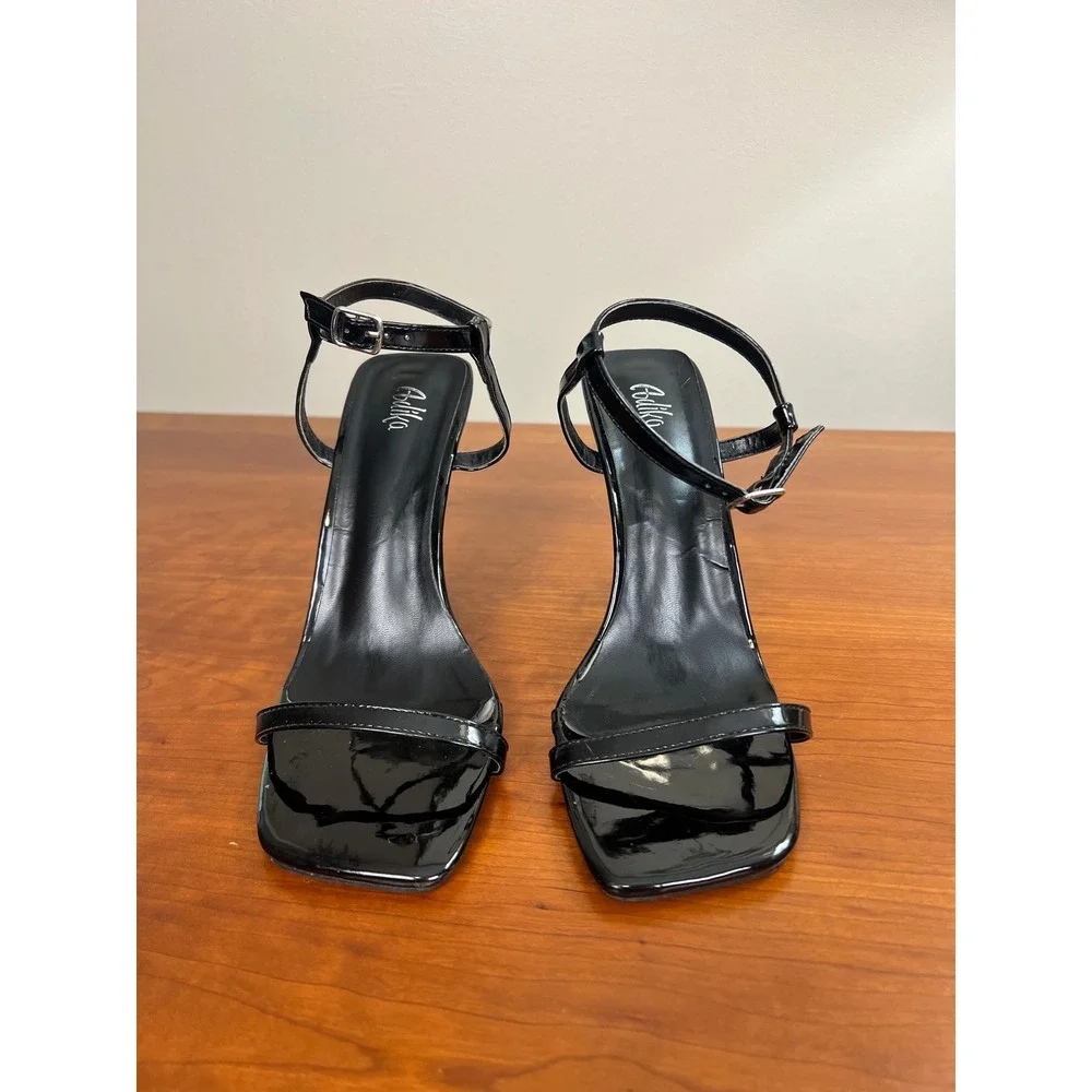Adika Black Patent Flame Sculptural Heel Square Toe Ankle Strap Sandals Size 7